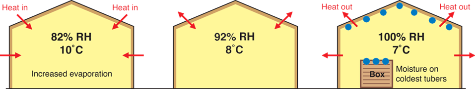 Рис. 2. Стадии образования конденсата на конструкции хранилища.